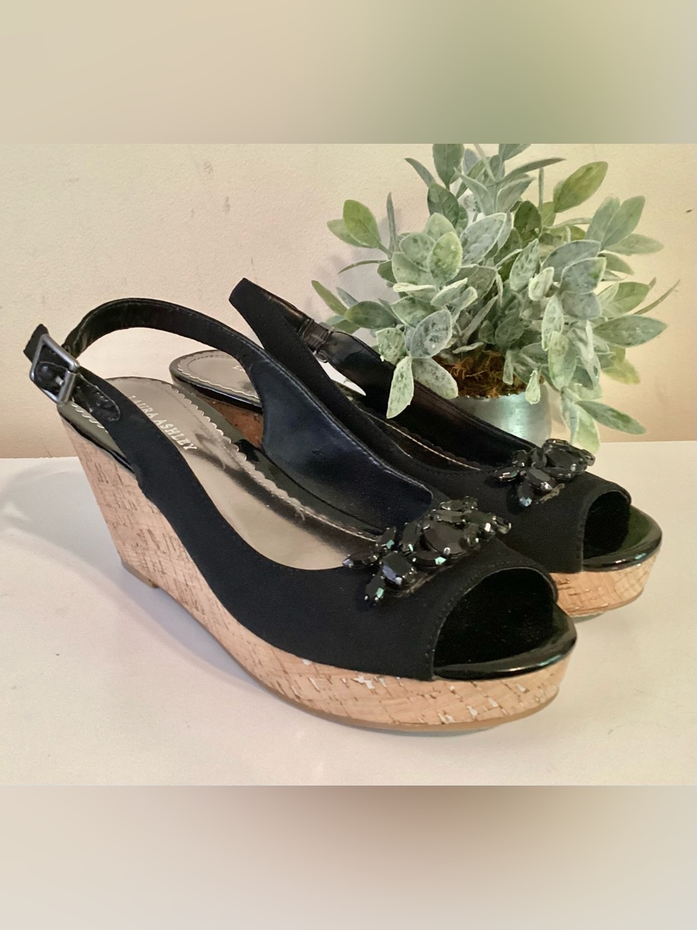 Laura Ashley Sling Back Peep Toe Cork Wedge Sandals w Gem Decoration